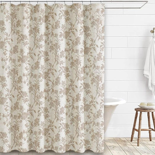 Beige Shower Curtain Floral Cotton Linen Cottagecore Shower Curtain for Bathroom 78" L x 72" W Long