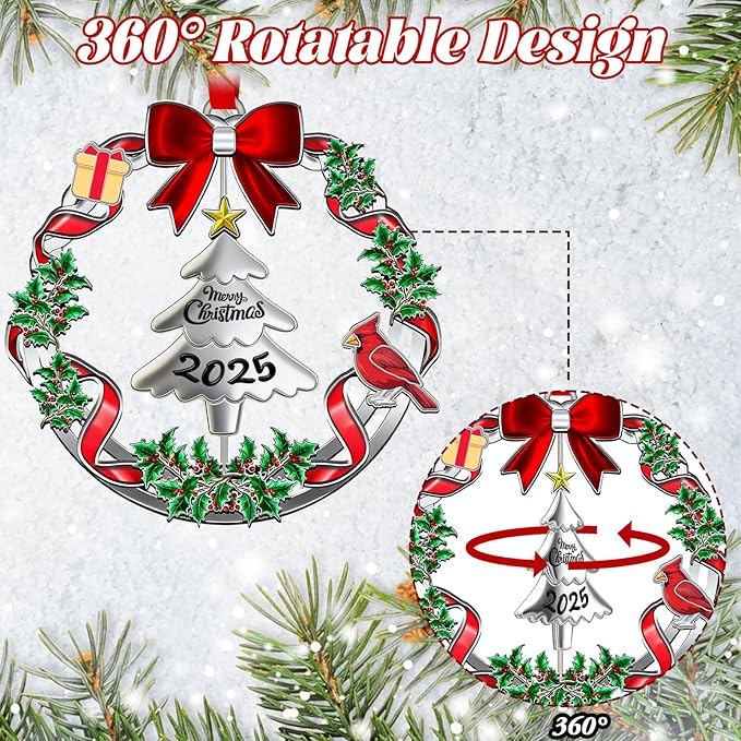 Christmas Ornaments 2025 for Christmas Tree Decorations,Dated 2025 Christmas Wreath Ornament with Rotatable for Holiday Decorative Keepsake Gift（Christmas Tree）