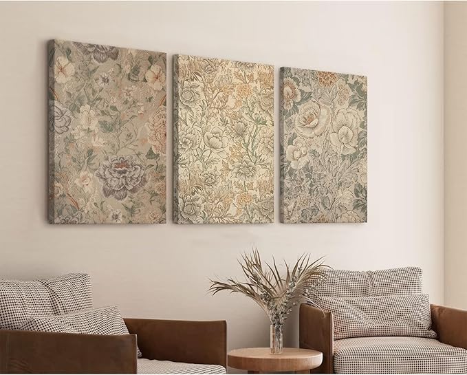 Vintage Flower Wall Art Decor Beige Floral Canvas Wall Art Botanical Rustic Pictures Prints Farmhouse Antique Painting Vintage Flower Poster for Living Room Bedroom 16x24 Inch Wrapped Canvas Set of 3