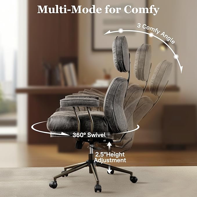 Mid Century Modren Big and Tall Office Chair,Large Ergonomic Executive Chair for Heavy Duty People, Desk Task Chair with Wheels, Faux Lether Fabric Wide Chair for Home Sturdy,Grey