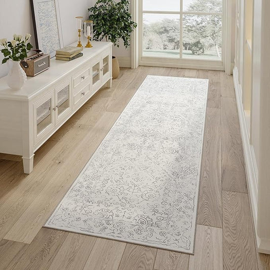 jinchan Vintage Floral Runner Rug 2x10 Washable Faux Wool Distressed, Grey on Cream