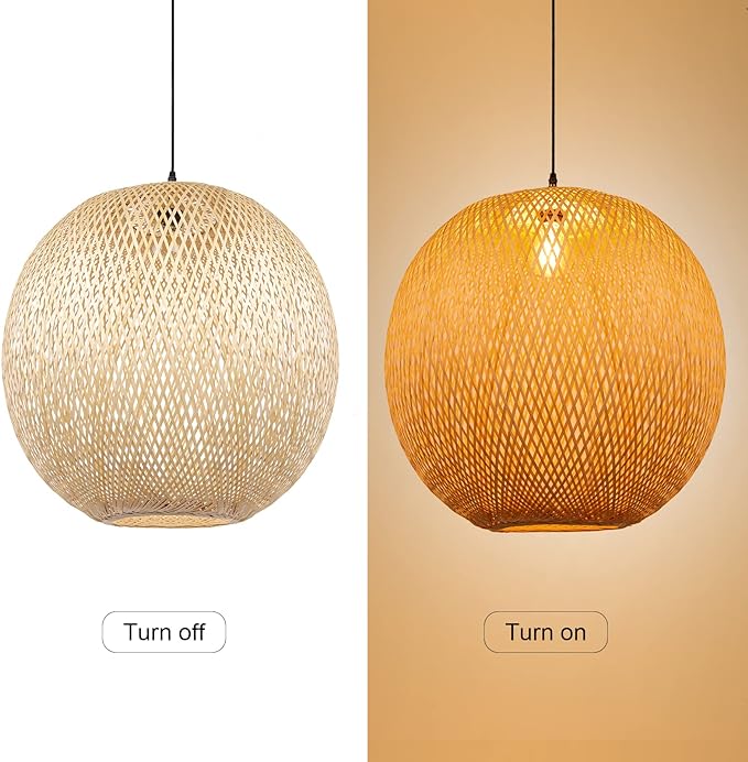 Arturesthome Bamboo Pendant Lighting Fixtures, Round Wicker Chandelier Hand-Woven Boho Basket Lampshade Hanging Ceiling Light for Kitchen Island Living Room