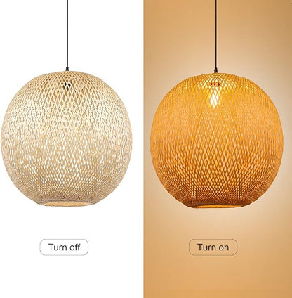 Arturesthome Bamboo Pendant Lighting Fixtures, Round Wicker Chandelier Hand-Woven Boho Basket Lampshade Hanging Ceiling Light for Kitchen Island Living Room