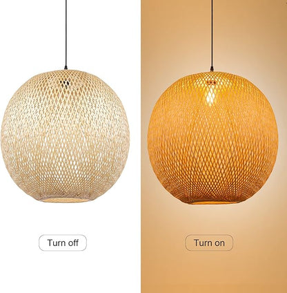 Arturesthome 15.7" Bamboo Pendant Lights, Round Wicker Chandelier, Hand-Woven Boho Basket Lampshade Hanging Ceiling Light for Kitchen Island Living Room