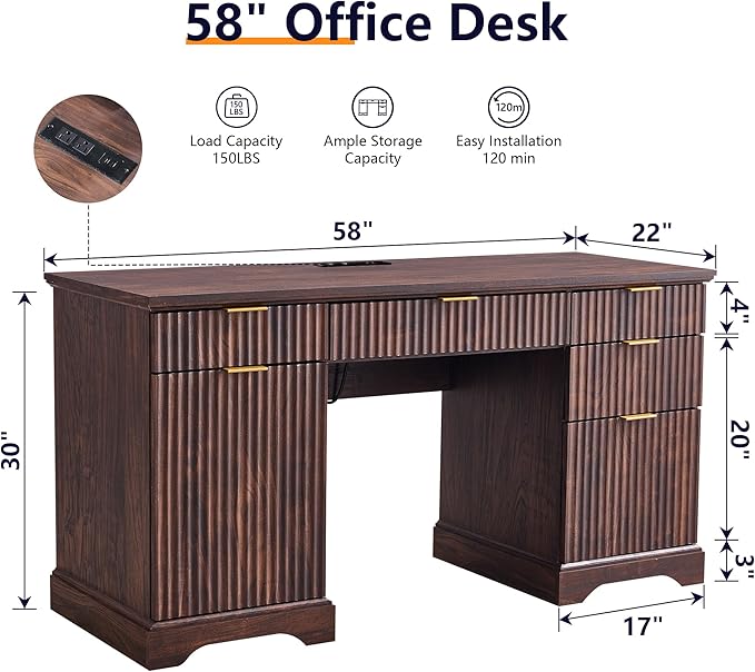 JXQTLINGMU 58" Modern Executive Desk with Storage, Wood Home Office Desk with 5 Drawers & 1 Cabinet, Fluted Computer Writing Desk for Study, Living Room, Bedroom, Dark Walnut