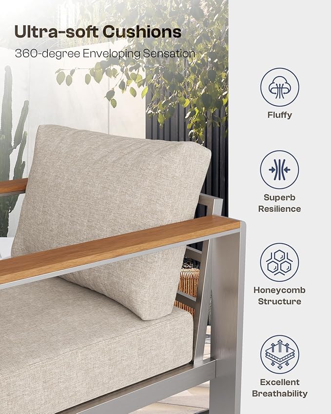 Aluminum Outdoor Patio Furniture Loveseat, All-Weather Outdoor Patio Chair with Washable Thick Cushion, Patio Outdoor Chair for Porch, Balcony, Deck, Yard, Silver