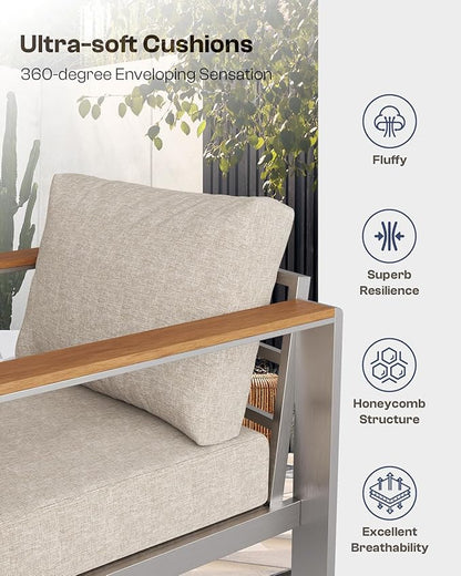 Aluminum Outdoor Patio Furniture Loveseat, All-Weather Outdoor Patio Chair with Washable Thick Cushion, Patio Outdoor Chair for Porch, Balcony, Deck, Yard, Silver