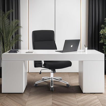 Mid-Back Ergonomic Leather Office Chair, Modern Upholstered Executive Desk Chair with Gold Frame Armrest Computer Task Chair (Obsidian Black)