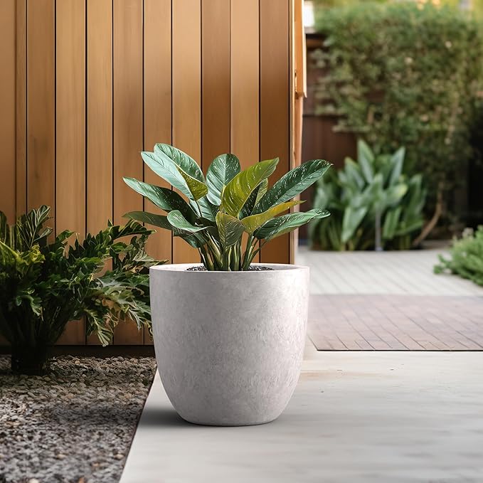 Kante 18 Inch Dia Round Concrete Planter, Indoor Outdoor Large Plant Pot with Drainage Hole and Rubber Plug for Home Patio Garden, Light Gray