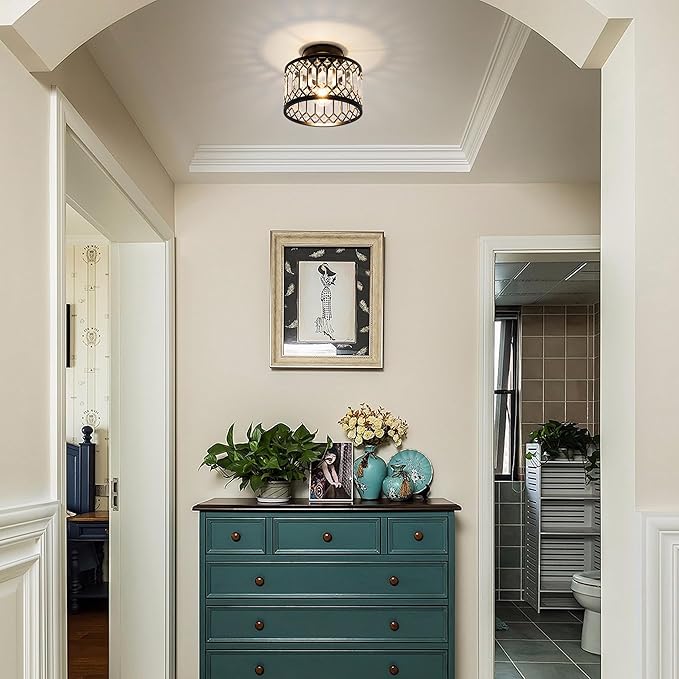 Crystal Ceiling Light Fixture, Modern Semi Flush Mount Ceiling Light,Crystal for Kitchen Bedroom Bathroom Entryway Black (Bulb not Included)