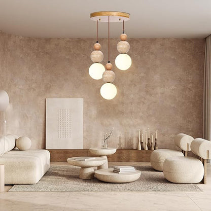 Wabi Sabi Pendant Light,3-Light Travertine Stone Fixture-Japandi Japanese Style Lamp,Nordic Wood Chandelier,Spherical Scandinavian Pendant Light Suits Kitchen Islands,Dining & Living Rooms(Log Color)
