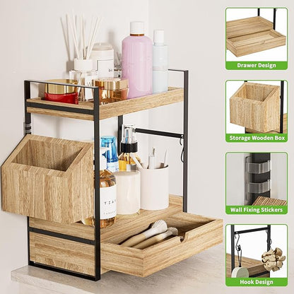 2-Tier Bathroom Counter Organizer with Drawer and Basket, Wood Countertop Organizer for Storage, Skincare Organizers for Vanity, Counter Shelf for Bathroom Organization