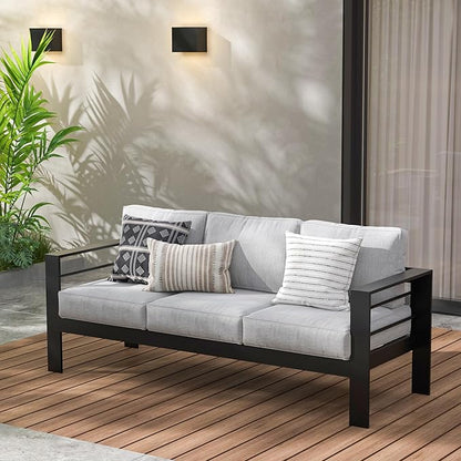 Wisteria Lane Patio Furniture Aluminum Outdoor Chair, All-Weather Outdoor 3 Seats Outdoor Chair, Black Metal Chair with Light Grey Cushions