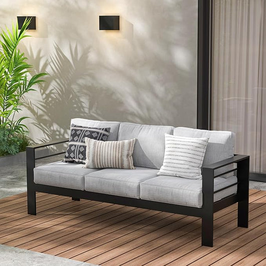 Wisteria Lane Patio Furniture Aluminum Outdoor Chair, All-Weather Outdoor 3 Seats Outdoor Chair, Black Metal Chair with Light Grey Cushions