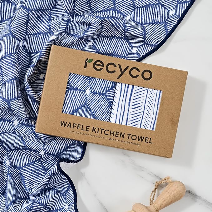 RECYCO Waffle Kitchen Towels Set of 2 Quick Dry Microfiber Sustainable Lightweight Hand Towels Indigo Harmony 16x28