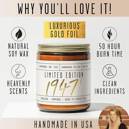 78th Birthday Gifts for Women - 'Limited Edition 1947' Soy Candle, w/Champagne on Ice I 78 Birthday Gifts for Women I 78th Birthday Gift for Her Ideas I 9oz Reusable Jar, 50Hr Burn, Made in USA