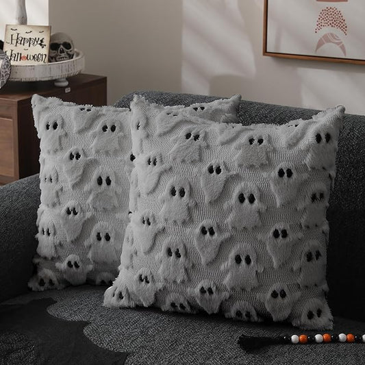 DFXSZ Halloween Pillow Covers 16x16 inch Set of 2 Silver Gray Ghost Throw Pillow Cases Soft Plush Faux Fur Wool Cushion Case for Chair Bedroom Living Room Home Decor PTK03X16
