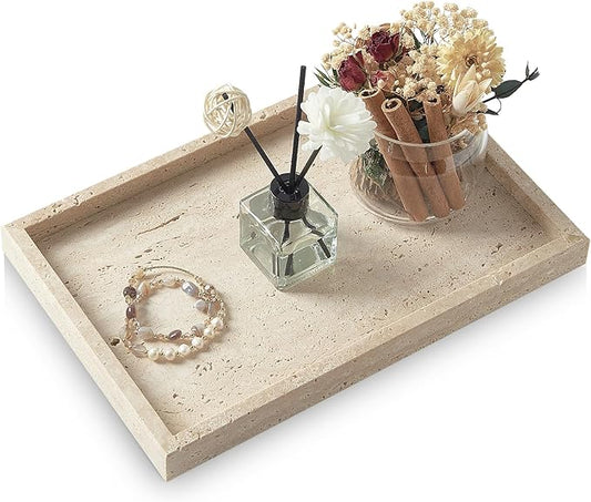 Travertine Tray,Bathroom Vanity Tray Non-Ceramic/Non-Resin,Marble Perfume Tray 12 x 8 inch (Travertine)