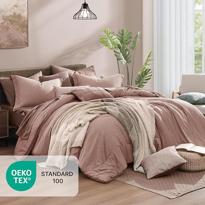 Monbix King Size Comforter Set,7 Pieces Dusty Pink Cationic Dyeing Bed in a Bag King with Comforter, Sheets, Pillowcases & Shams, All Season Reversible Bedding Comforters