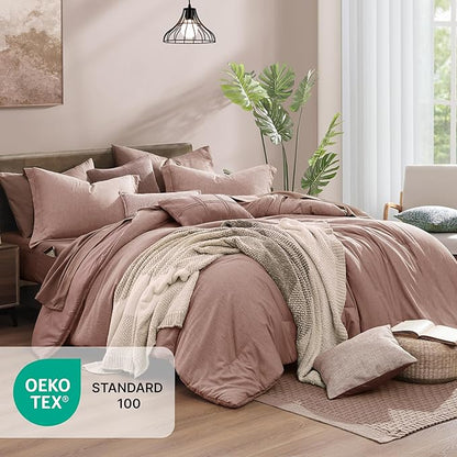 Monbix Queen Comforter Set - 7 Pieces Dusty Pink Cationic Dyeing Bed in a Bag Queen Bedding Sets with Sheets, Pillowcases & Shams, Reversible Bedding Comforters