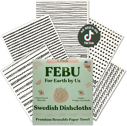 FEBU Swedish Dish Cloths 5 Pack Black Minimalist Washable Reusable Kitchen Dish Towels