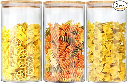 Glass Jars with Bamboo Lids (40oz in 3 Pack), Glass Food Jars and Canisters Sets, Pantry Food Storage Jars with Airtight Lids, Large Glass Canisters with lids