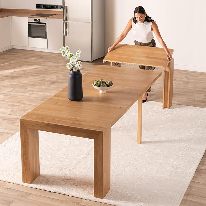 Transformer Expandable Dining Table for 2 to 12 – Solid Wood Space-Saving Adjustable Dinner Table, Modern Wooden Dining Furniture (Natural, Table with 5 Panels)
