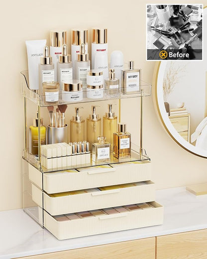 Bathroom Organizers and Storage, Makeup Organizer (Sturdy Durable Attractive), Ideal for Vanity, Countertop, Counter, Perfume, Skincare, Cabinet, Cosmetic, Dresser Organizer (Cream)
