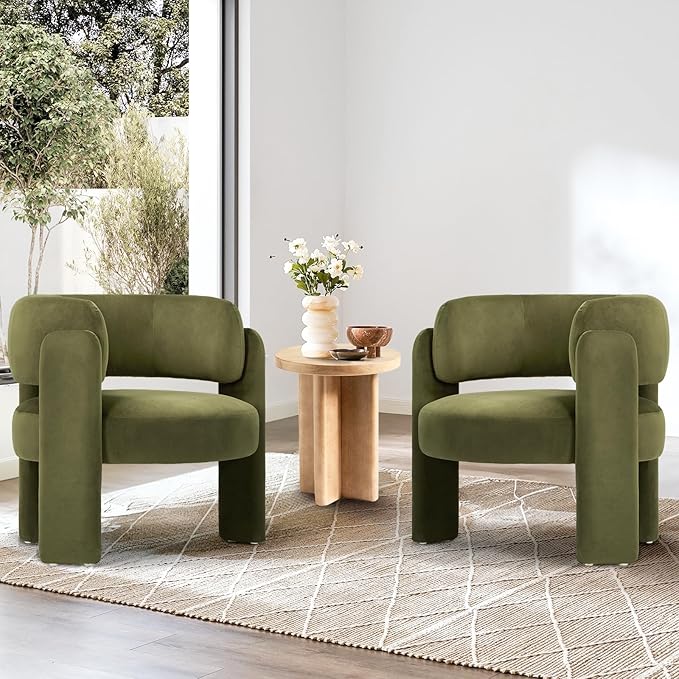 COLAMY Modern Velvet Accent Chair, Upholstered Barrel Chair, Comfy Side Arm Chair with 3 Legs for Living Room, Bedroom, Reading, Green