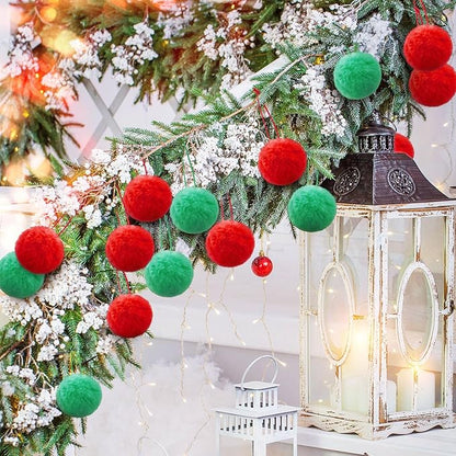 24 Pcs Red Green Fur Christmas Ornaments 3.15 Inch Pom Pom Ball Lime Green Hanging Decoration Fuzzy Fluffy Christmas Tree Decorations for Xmas Tree Wreath Home DIY Craft Gift Party Decor