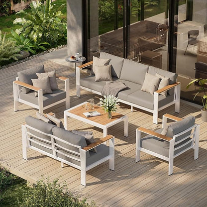 Aluminum Outdoor Patio Furniture Set with Table, 5 Piece Patio Conversation Sets with Washable Thick Cushions, Outdoor Seating Patio Sectional Furniture Set for Porch, Balcony, Deck, White