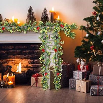 6 FT Artificial Christmas Garland, Faux Cypress Leaf Evergreen Garland with 20 LED Lights, Red Berries and Pinecones, Green-Yellow Leaves, Timer, Perfect for Indoor Outdoor Window Mantel