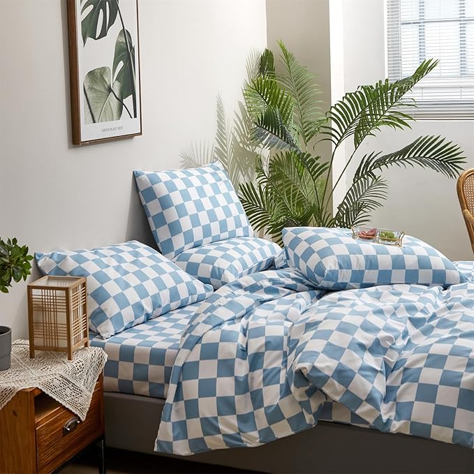 CLOTHKNOW Blue White Plaid Full Size Comforter Sets Grid Bedding Comforter Sets All Season Soft Checker Comforter with 2 x Pillow Cases