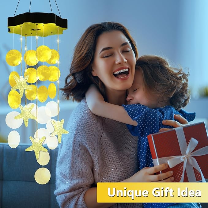 Solar Shell Gift for Mom Grandma Girls, Yellow Solar Wind Chimes for Outside, Outdoor Decorative Mobile Lights for Garden, Yard, Patio, Window, Party, Outdoor Decorations(Warm White)