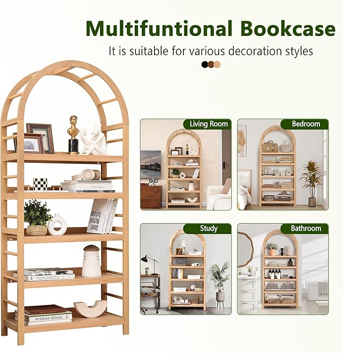 5-Tier Solid Wood Open Bookcase, Modern Arched Bookshelf, Home Office Shelf Storage Organizer, Storage Display Rack Shelf for Living Room (Natural)