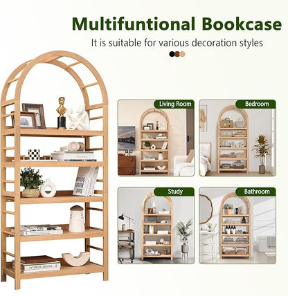 5-Tier Solid Wood Open Bookcase, Modern Arched Bookshelf, Home Office Shelf Storage Organizer, Storage Display Rack Shelf for Living Room (Natural)