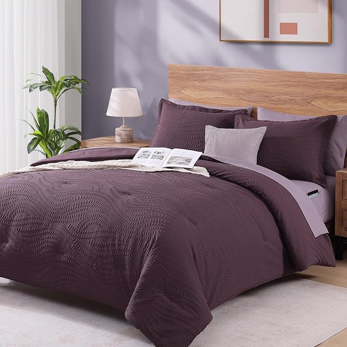 Geniospin King Comforter Set - 7 Pieces Purple Bedding Set, Botanical Textured Fall Comforter Set, All Season Comfortable Bed in a Bag with Comforter, Sheets, Pillowcases & Shams