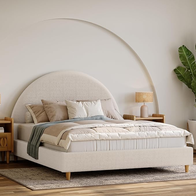 DG Casa Boucle Cloud Bed Frame with Arch Shaped Headboard, Upholstered in Soft Fabric, Platform Solid Wood Legs - Boho or Modern Style - No Box Spring Needed - Full Size