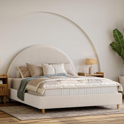 DG Casa Boucle Cloud Bed Frame with Arch Shaped Headboard, Upholstered in Soft Fabric, Platform Solid Wood Legs - Boho or Modern Style - No Box Spring Needed - Full Size