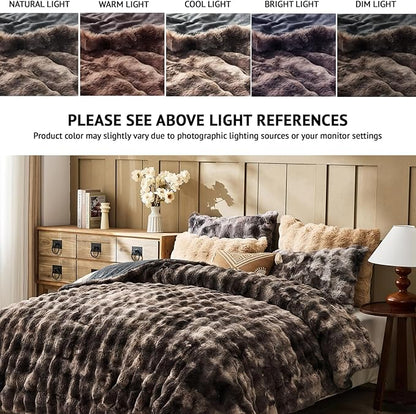 Lotus Karen Faux Fur King Comforter Set – Tie-Dye Dark Gray Fluffy Comforter King Size, Big Bubble Faux Rabbit Fur Bedding Comforter Sets, Cozy Fuzzy Bed Set 3 Pieces, 1 Comforter and 2 Pillowcases
