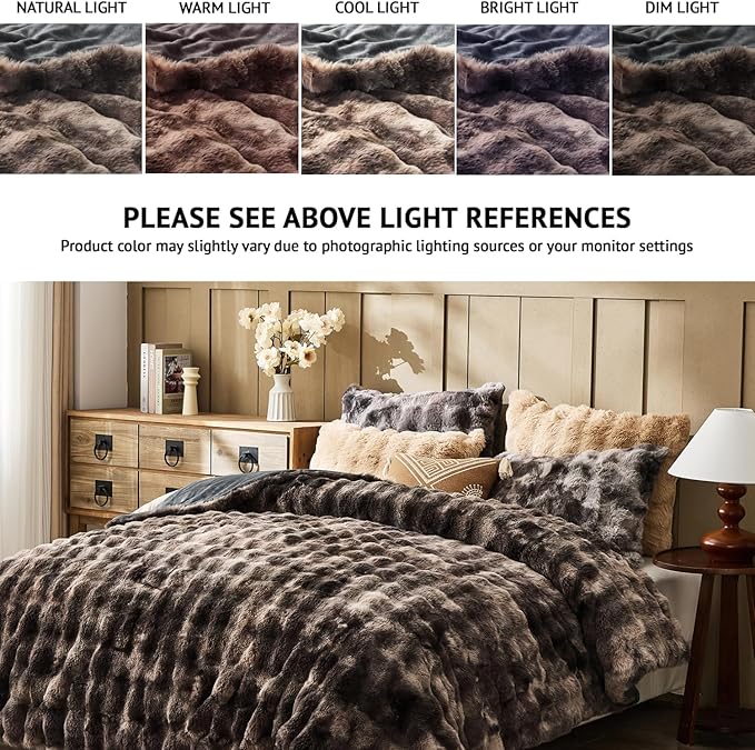 Lotus Karen Faux Fur Queen Comforter Set – Tie-Dye Dark Gray Fluffy Comforter Queen Size, Big Bubble Faux Rabbit Fur Bedding Comforter Sets, Cozy Fuzzy Bed Set 3 Pieces, 1 Comforter and 2 Pillowcases