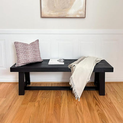 Plank+Beam 60 Inch Farmhouse Dining Bench, Solid Wood Entryway Bench, Wooden Outdoor Bench, Kitchen Dining Seat, Dining Room, Home Office, Living Room Furniture, Easy Assembly, Black Wirebrush