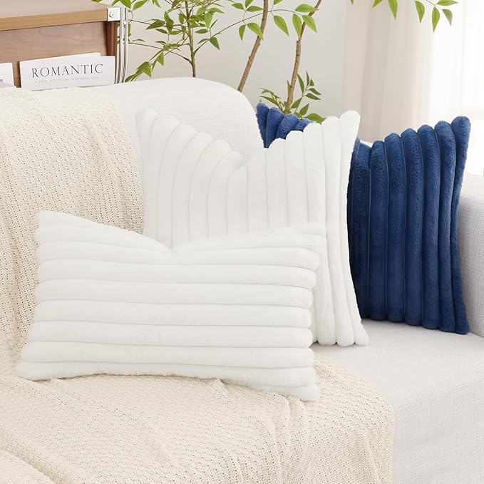 decorUhome Faux Fur Christmas Throw Pillow Covers 12x20 Set of 2, Decorative Soft Plush Striped Lumbar Neutral Euro Pillow Covers with Velvet Back for Bed, Living Room Home Decor, White