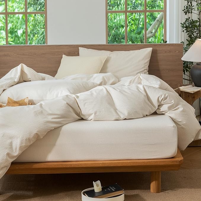 MooMee Striped Duvet Cover Set 100% Washed Cotton Linen Like Textured Breathable Durable Soft Comfy (Almond Milk Grey Pinstripes, Oversized Full 82"x86")