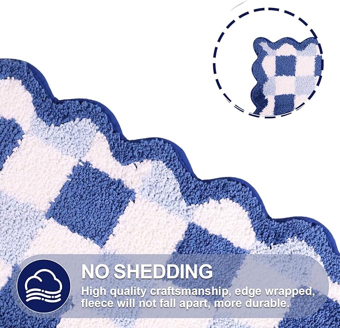 ORTIGIA Cute Blue Checkered Scalloped Bath Mat, Fun Plush Microfiber Bathroom Rugs Non Slip Washable Quick Dry Absorbent, Bath Rug for Shower Stall Vanities Kitchen Floor Entrance, 20x32