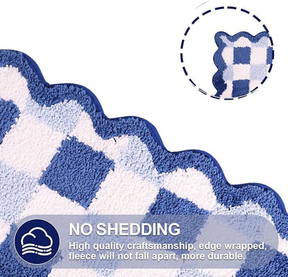 ORTIGIA Cute Blue Checkered Scalloped Bath Mat, Fun Plush Microfiber Bathroom Rugs Non Slip Washable Quick Dry Absorbent, Bath Rug for Shower Stall Vanities Kitchen Floor Entrance, 20x32