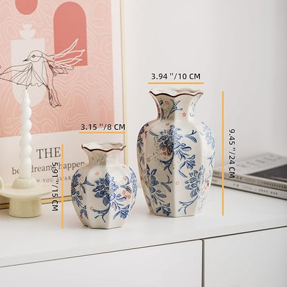 Blue and White Vase, Vintage Blue Ceramic Flower Vessel,Ceramic vases for Home Decor,Vintage Green and Beige for Console Table Mantle Chinoiserie Decor (Blue and White-02, Large)
