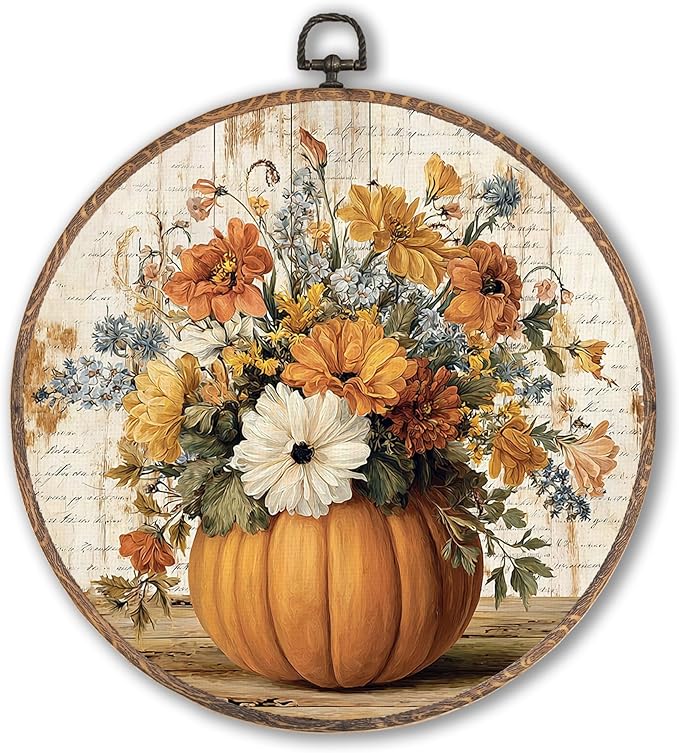 Hxlac Vintage Fall Pumpkin Floral Round Wall Art Framed, Farmhouse Fall Round Wall Decor, Vintage Flower Halloween Pumpkin Hanging Canvas Prints Wall Sculptures for Home Room Decor, 10x10 Inch
