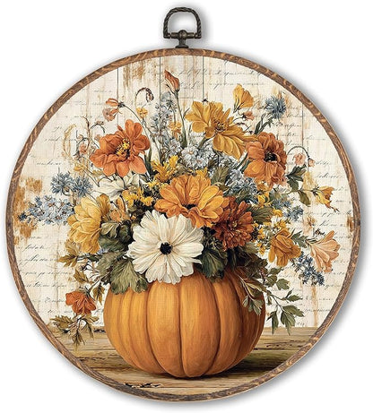 Hxlac Vintage Fall Pumpkin Floral Round Wall Art Framed, Farmhouse Fall Round Wall Decor, Vintage Flower Halloween Pumpkin Hanging Canvas Prints Wall Sculptures for Home Room Decor, 10x10 Inch