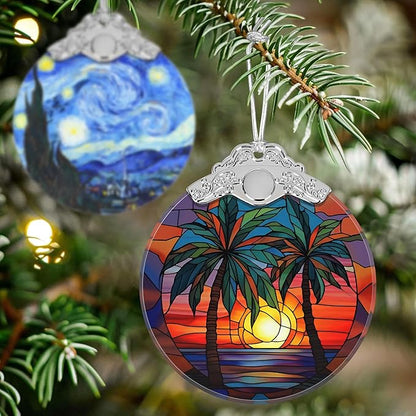 Stained Glass Retro Beach Christmas Ornament - Holiday Home Decor - Tree Decoration - Gift Exchange Present Ideas